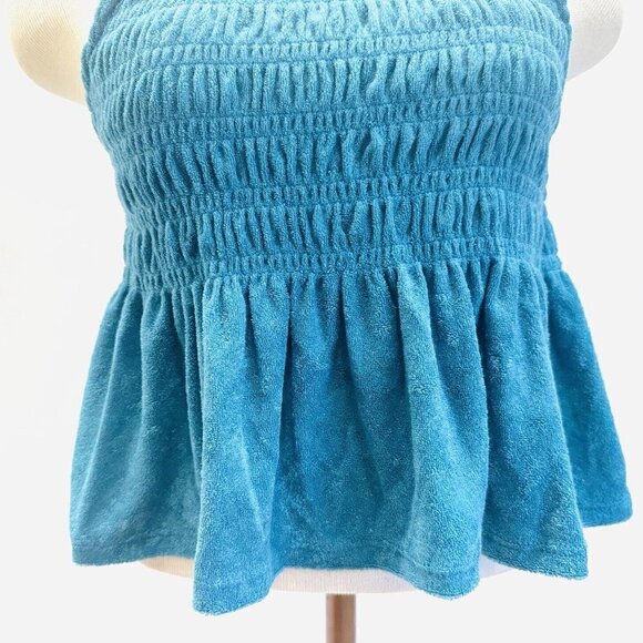 NWT SO Juniors Pullover Terry Cloth Smocked Peplum Turquoise Shirred Tank Large - Picture 3 of 12